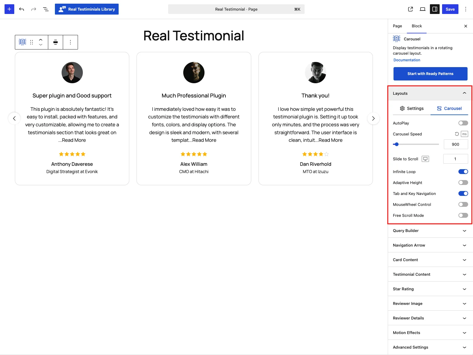 Layouts panel — Carousel tab with autoplay and speed controls