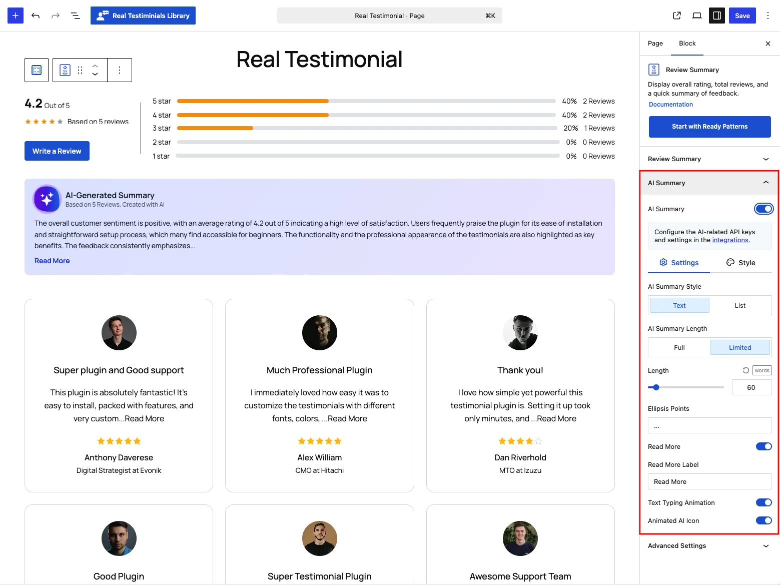 AI Summary panel — Settings tab