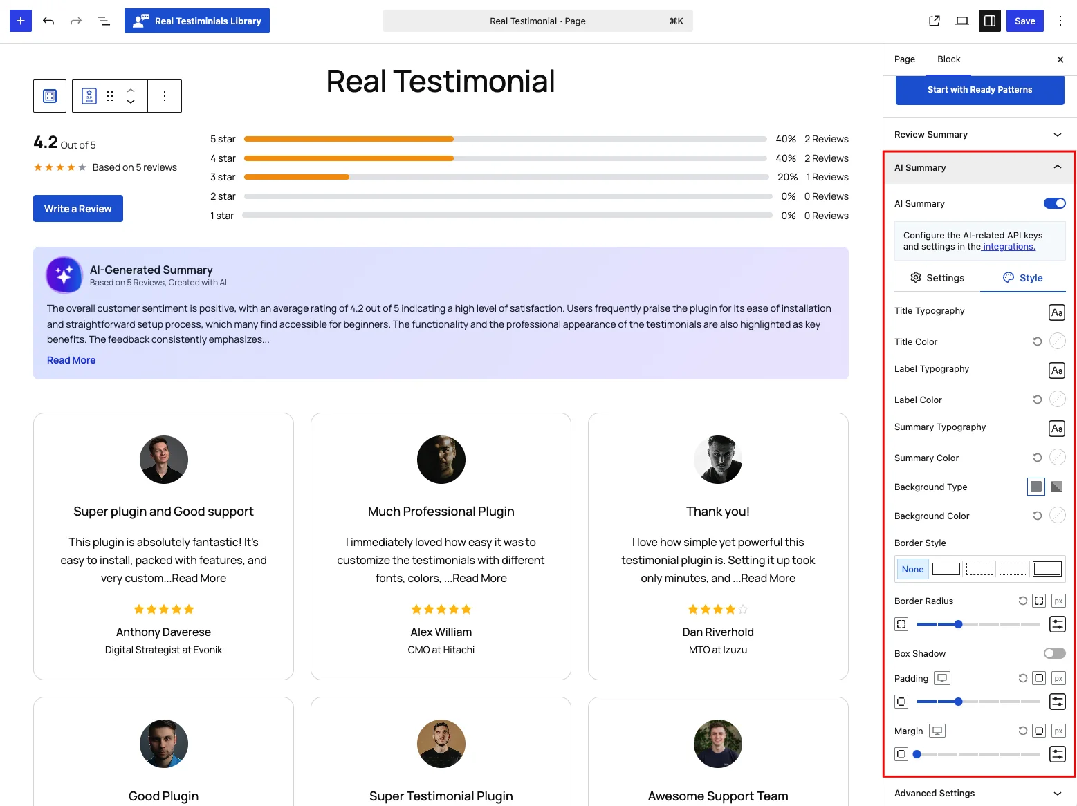AI Summary panel — Style tab