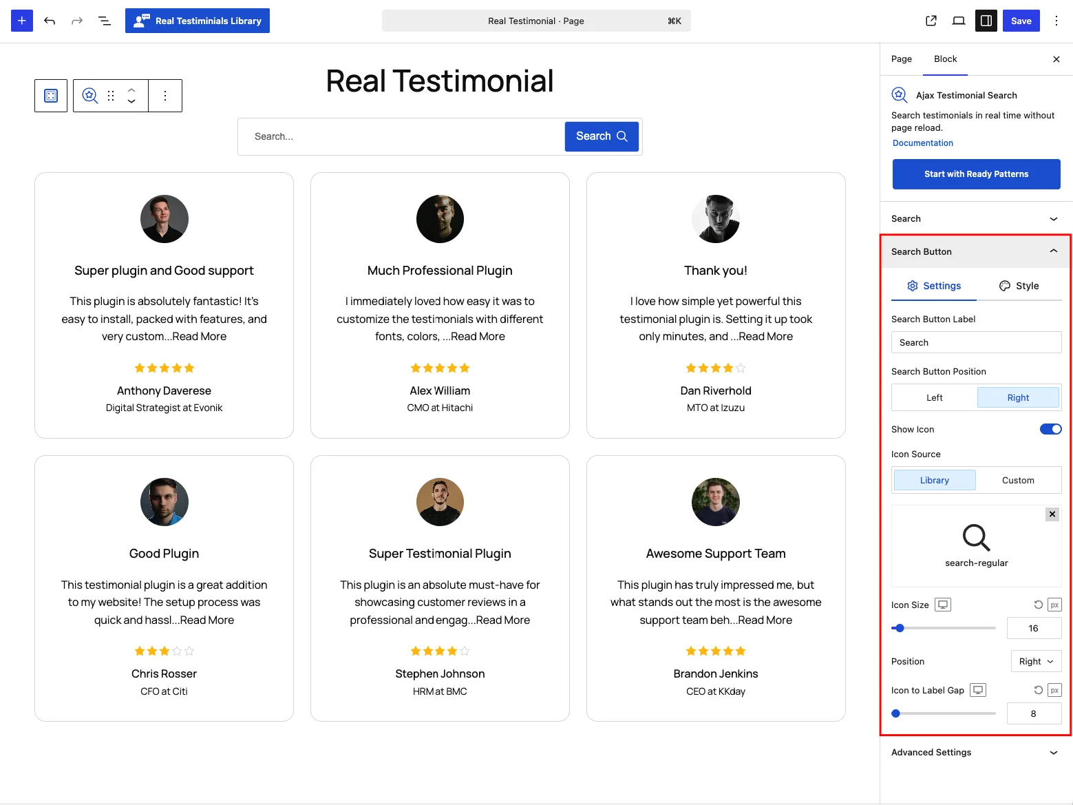 Search Button panel — Settings tab