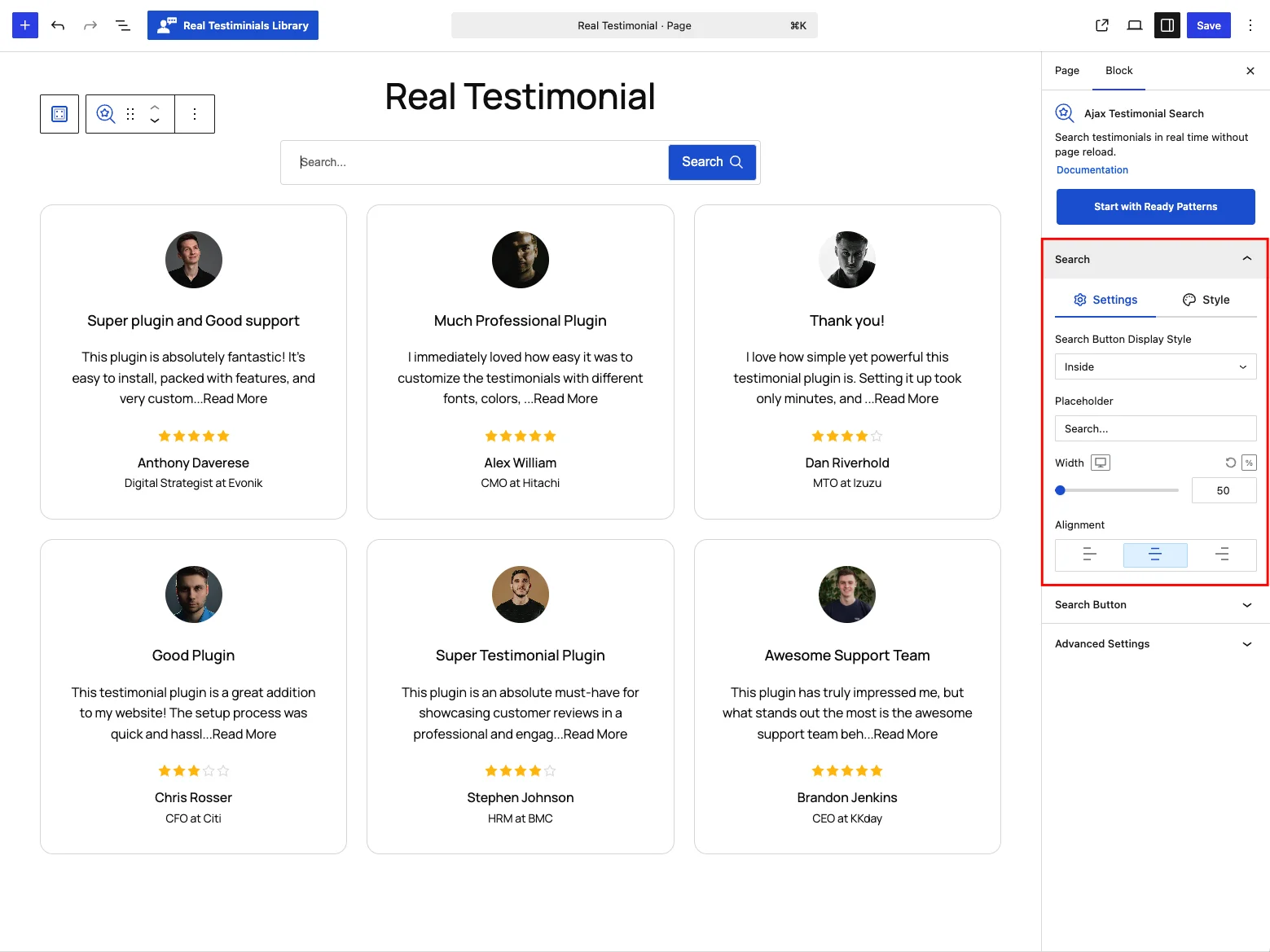 Search panel — Settings tab