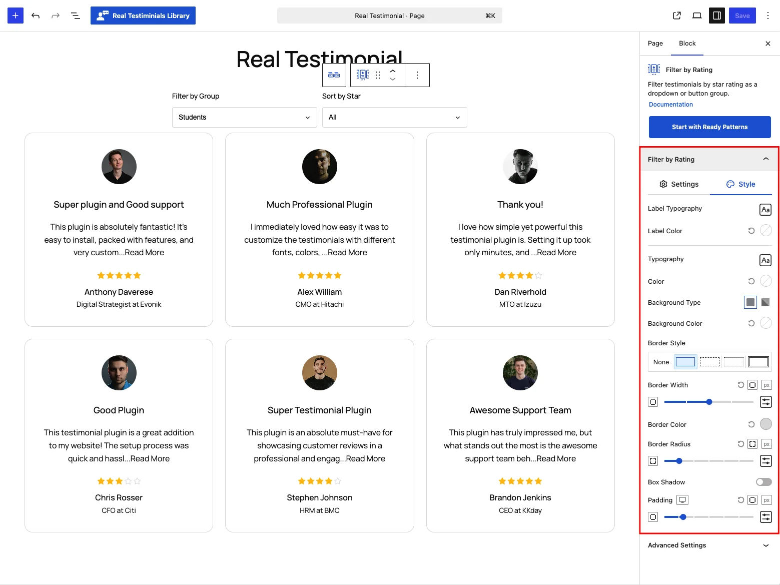 Filter by Rating panel — Style tab
