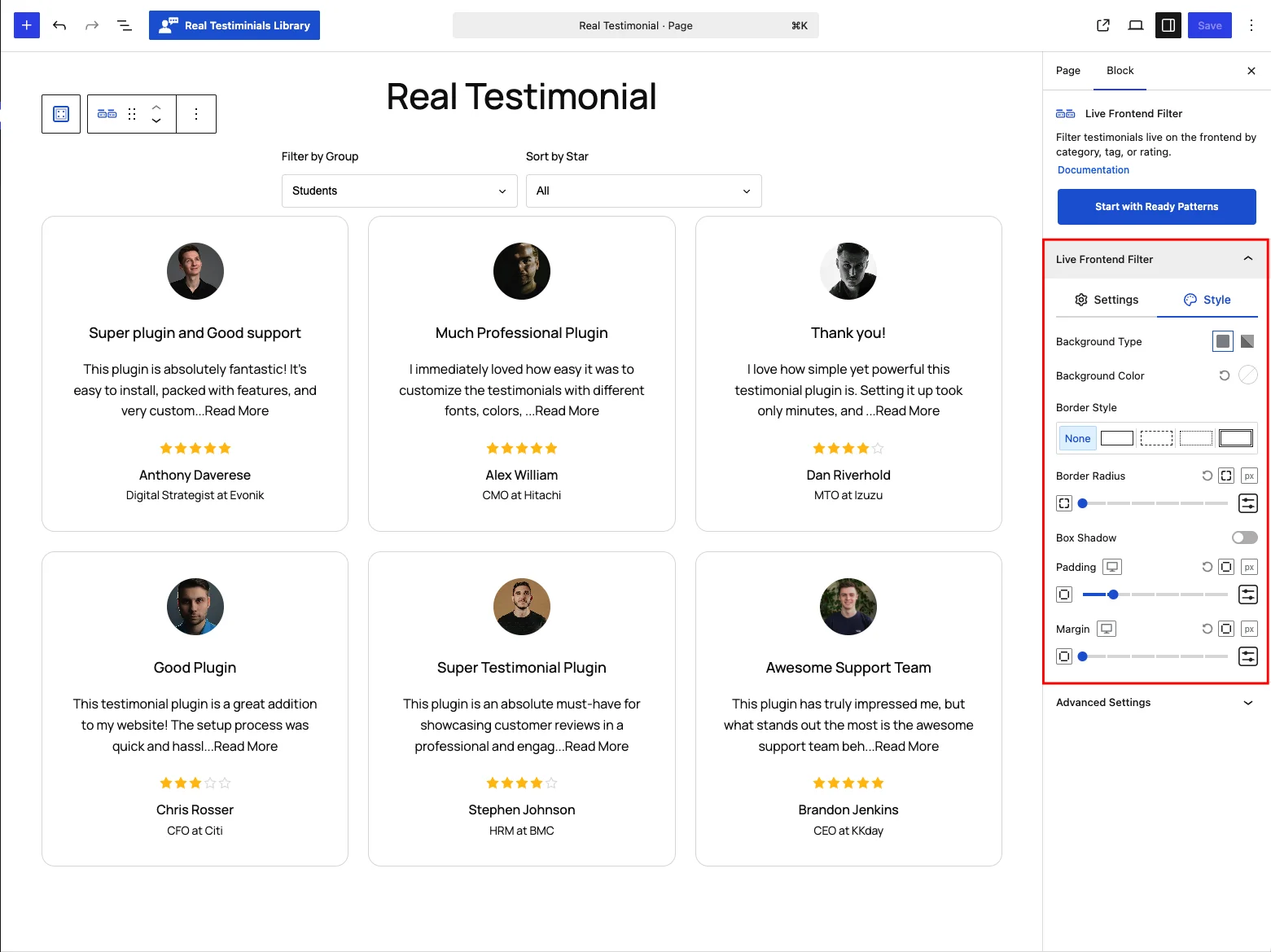 Live Frontend Filter panel — Style tab