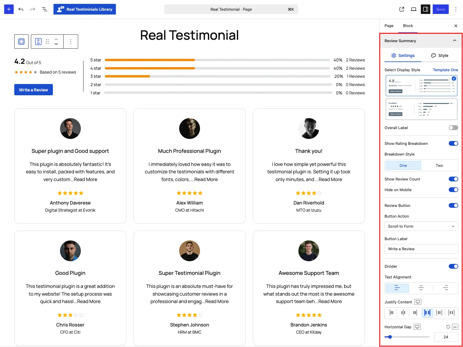 Review Summary panel — Settings tab