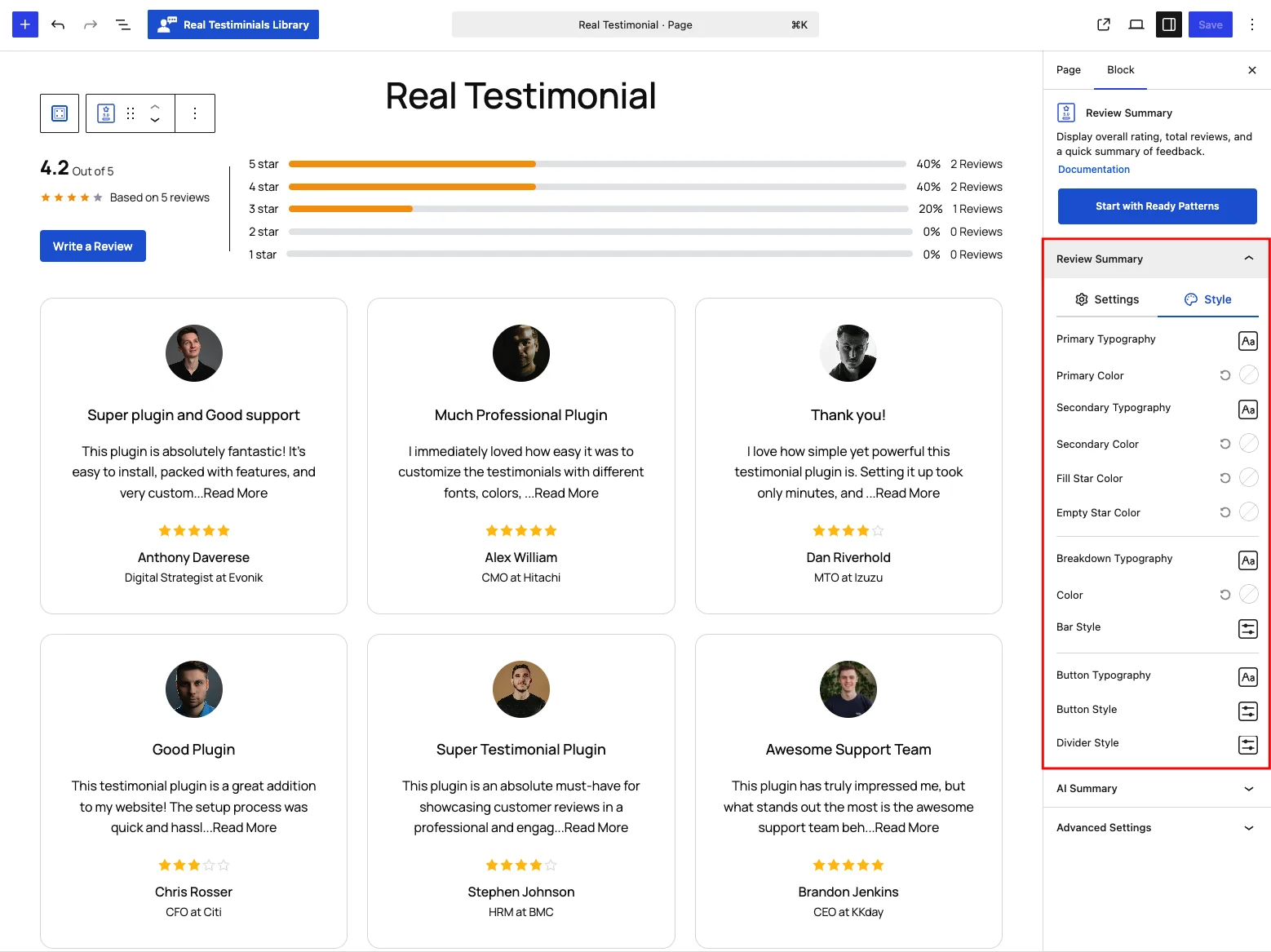 Review Summary panel — Style tab