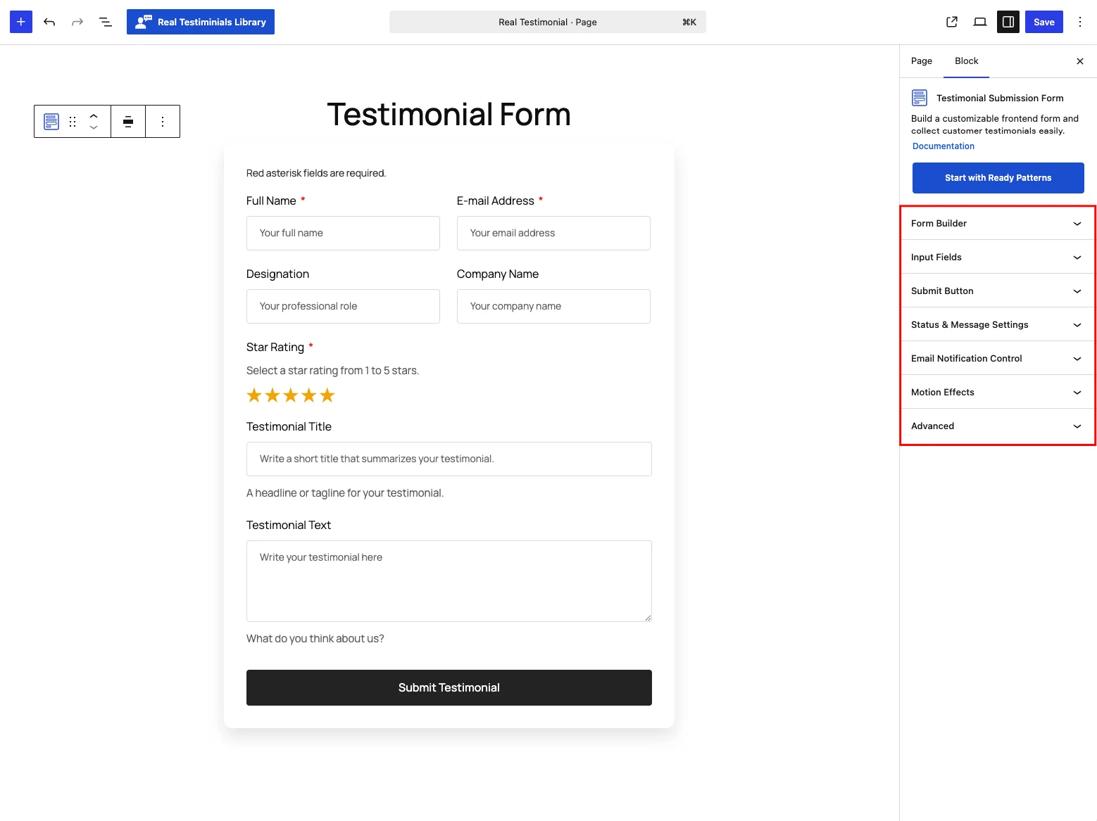 All inspector panels of the Testimonial Submission Form block