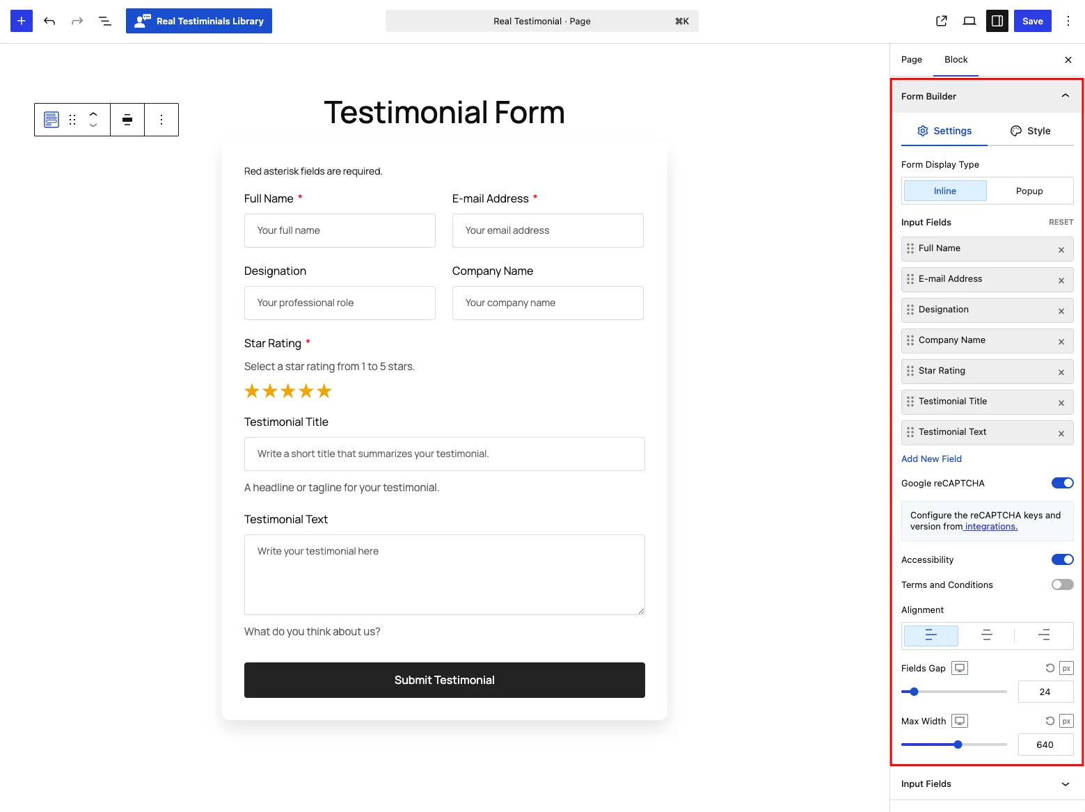 Form Builder panel — Settings tab