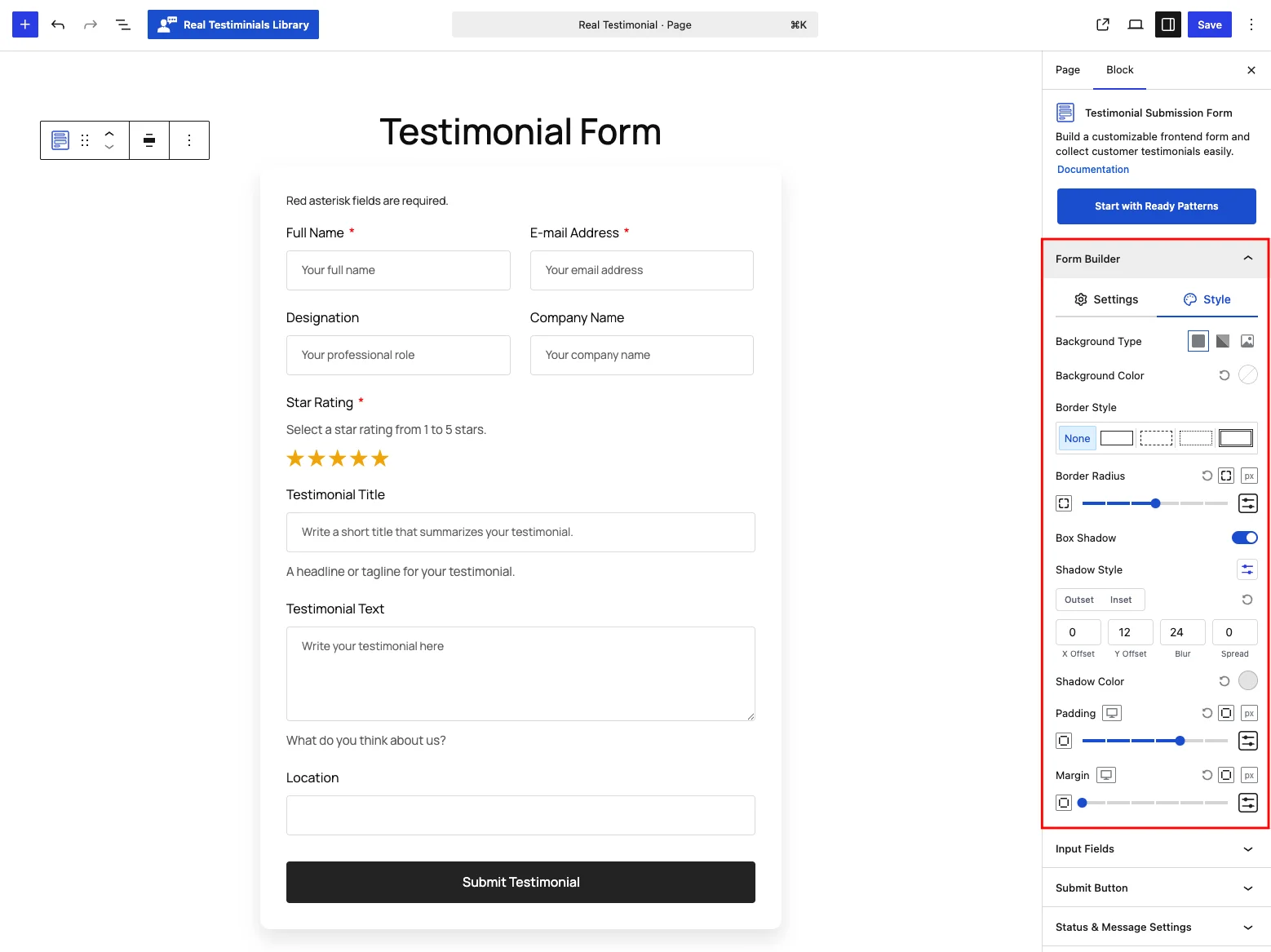 Form Builder panel — Style tab