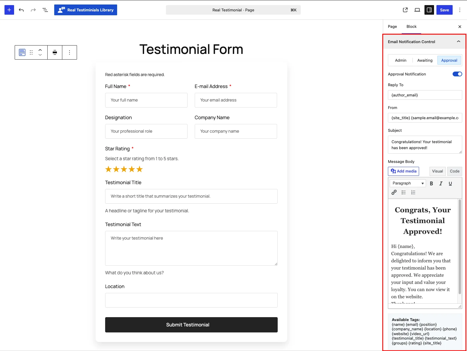 Email Notification Control — Approval tab
