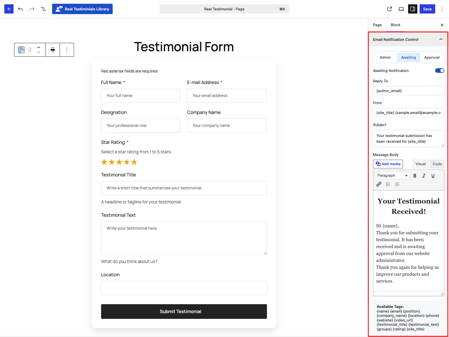 Email Notification Control — Awaiting tab