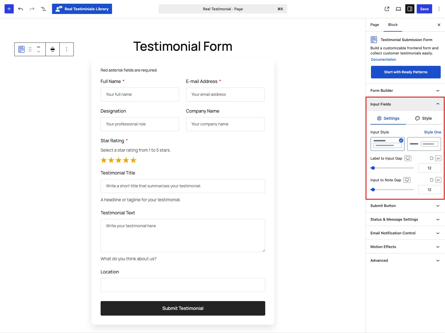 Input Fields panel — Settings tab
