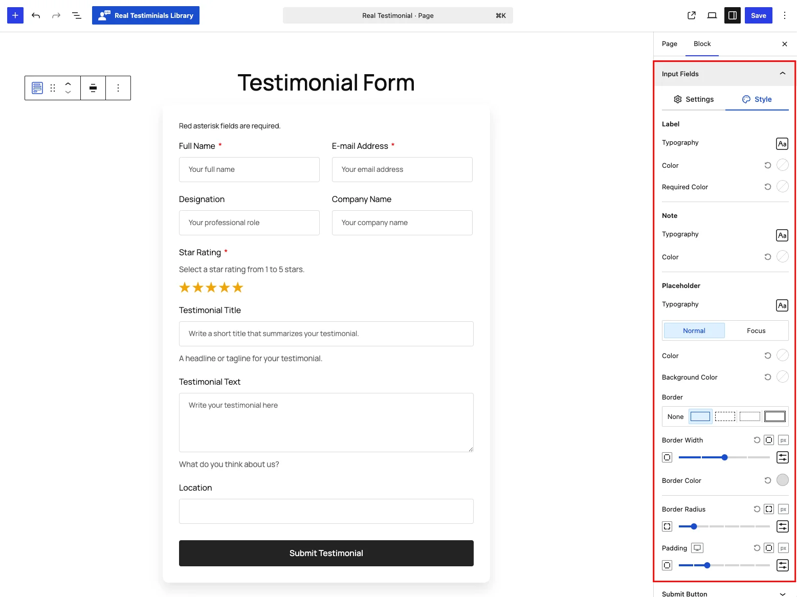 Input Fields panel — Style tab