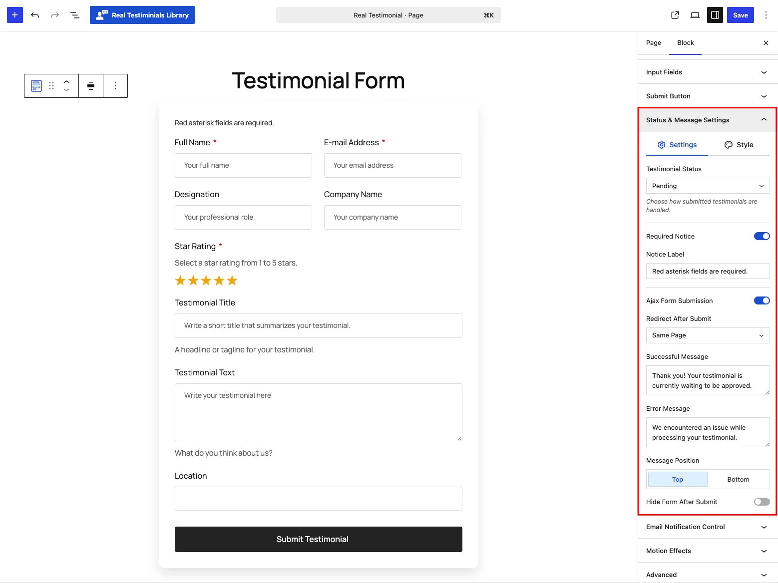 Status & Message Settings panel — Settings tab