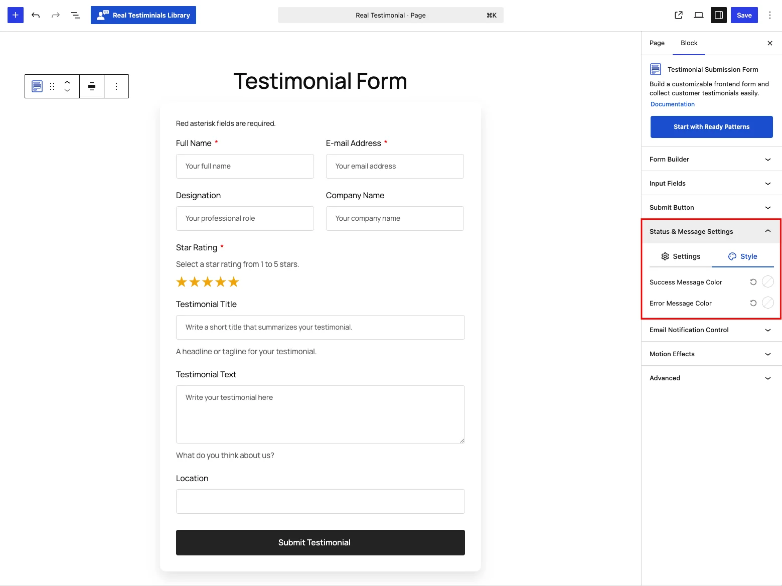 Status & Message Settings panel — Style tab