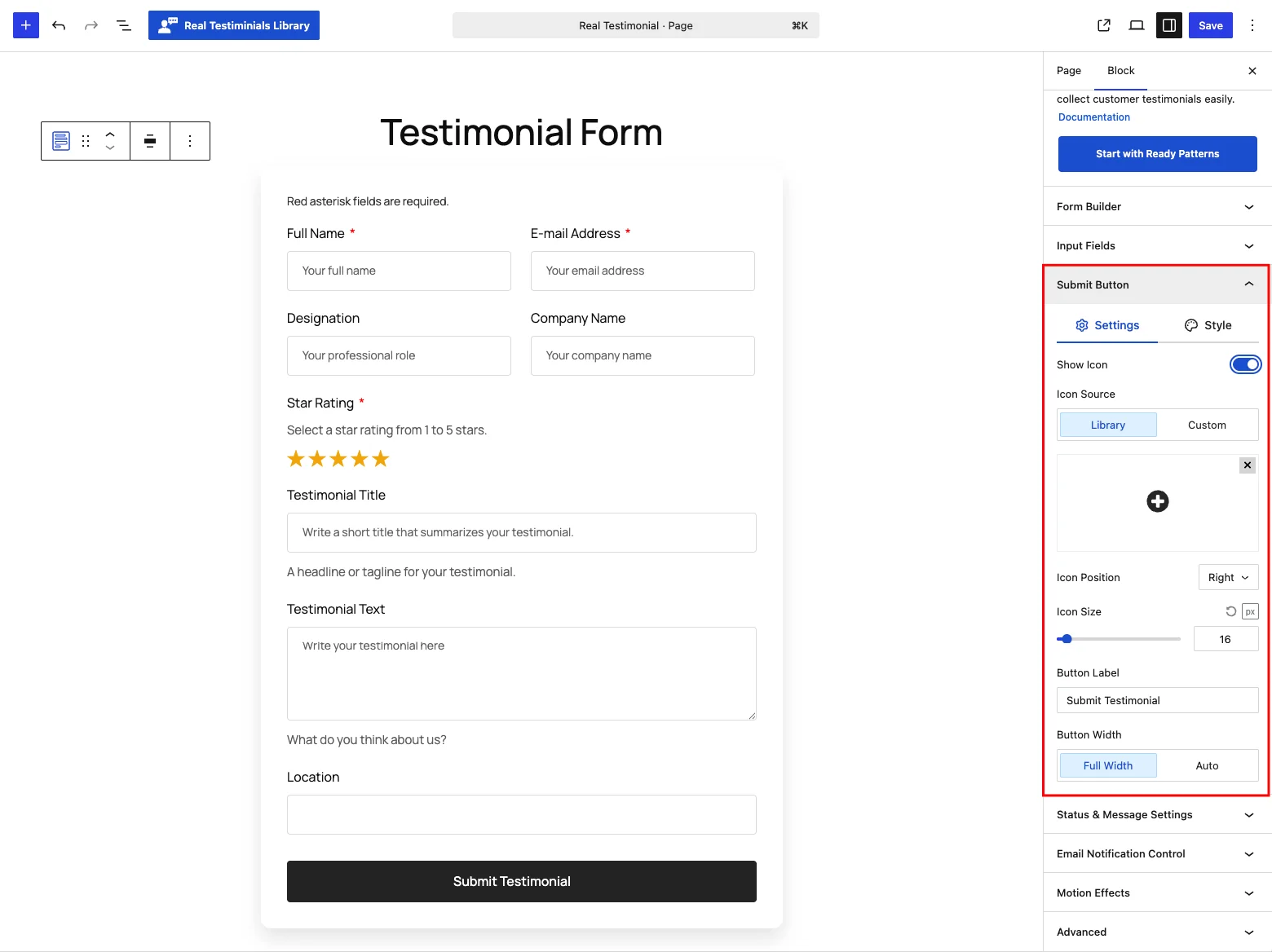 Submit Button panel — Settings tab