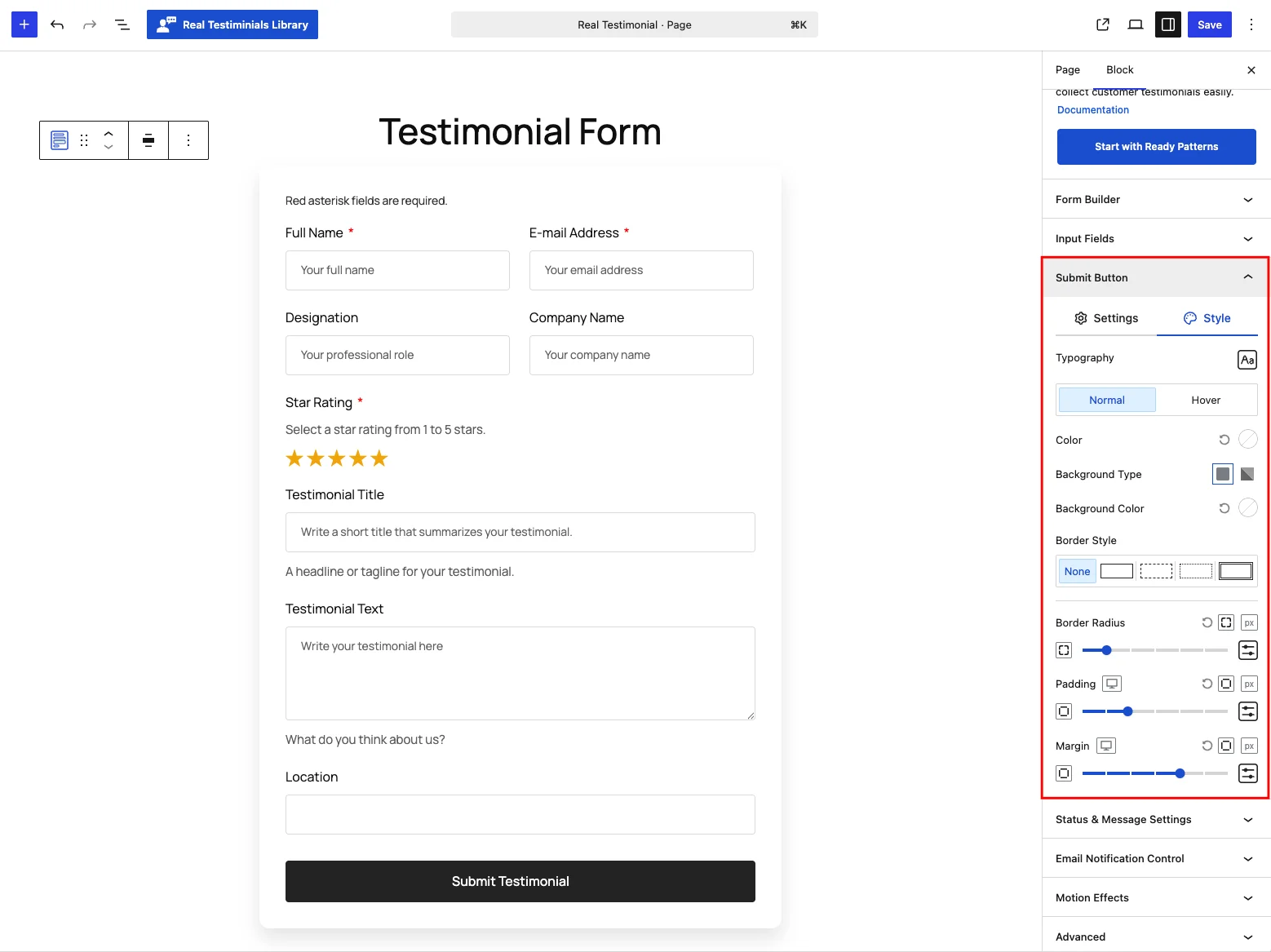 Submit Button panel — Style tab