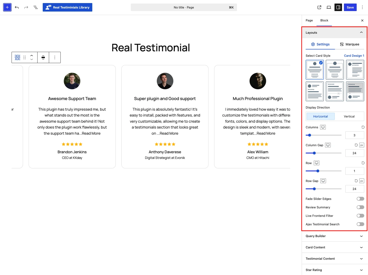 Marquee Layouts panel — Settings tab