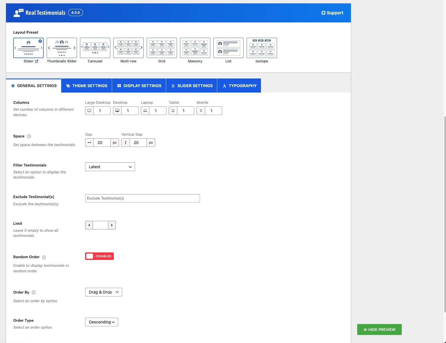 The eight layout presets
