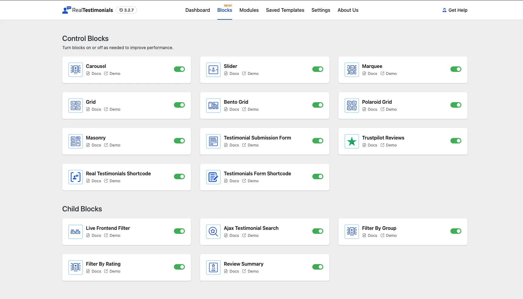 Blocks management screen