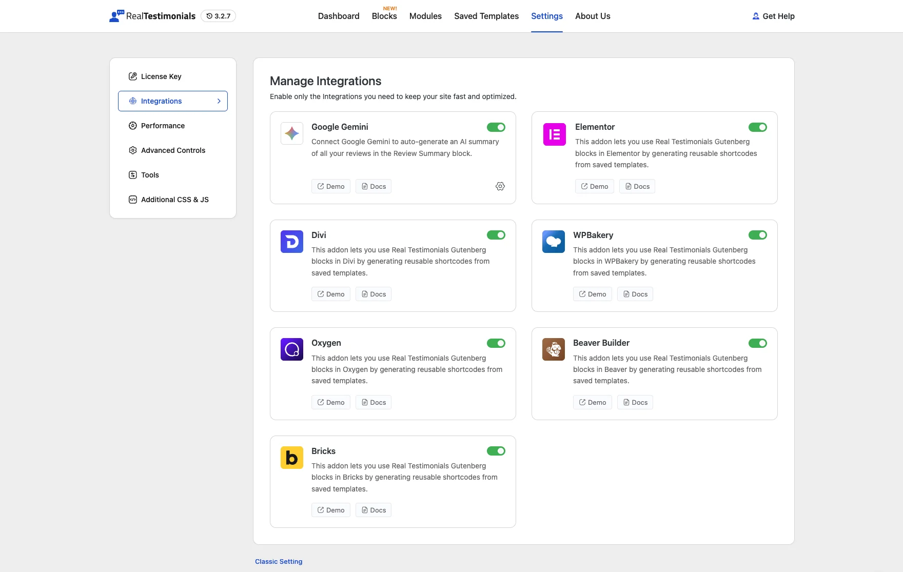 Integrations screen