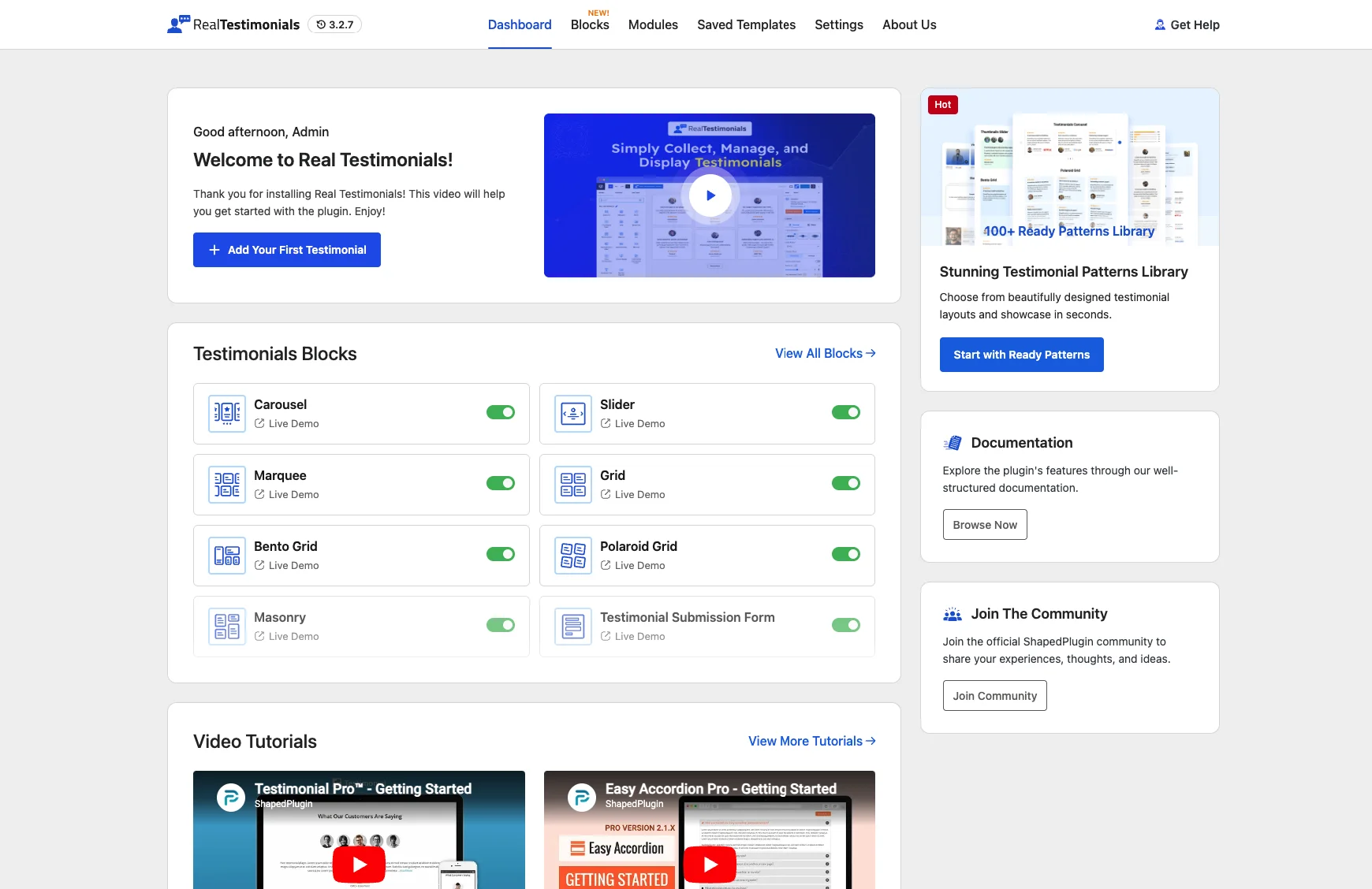 Real Testimonials dashboard