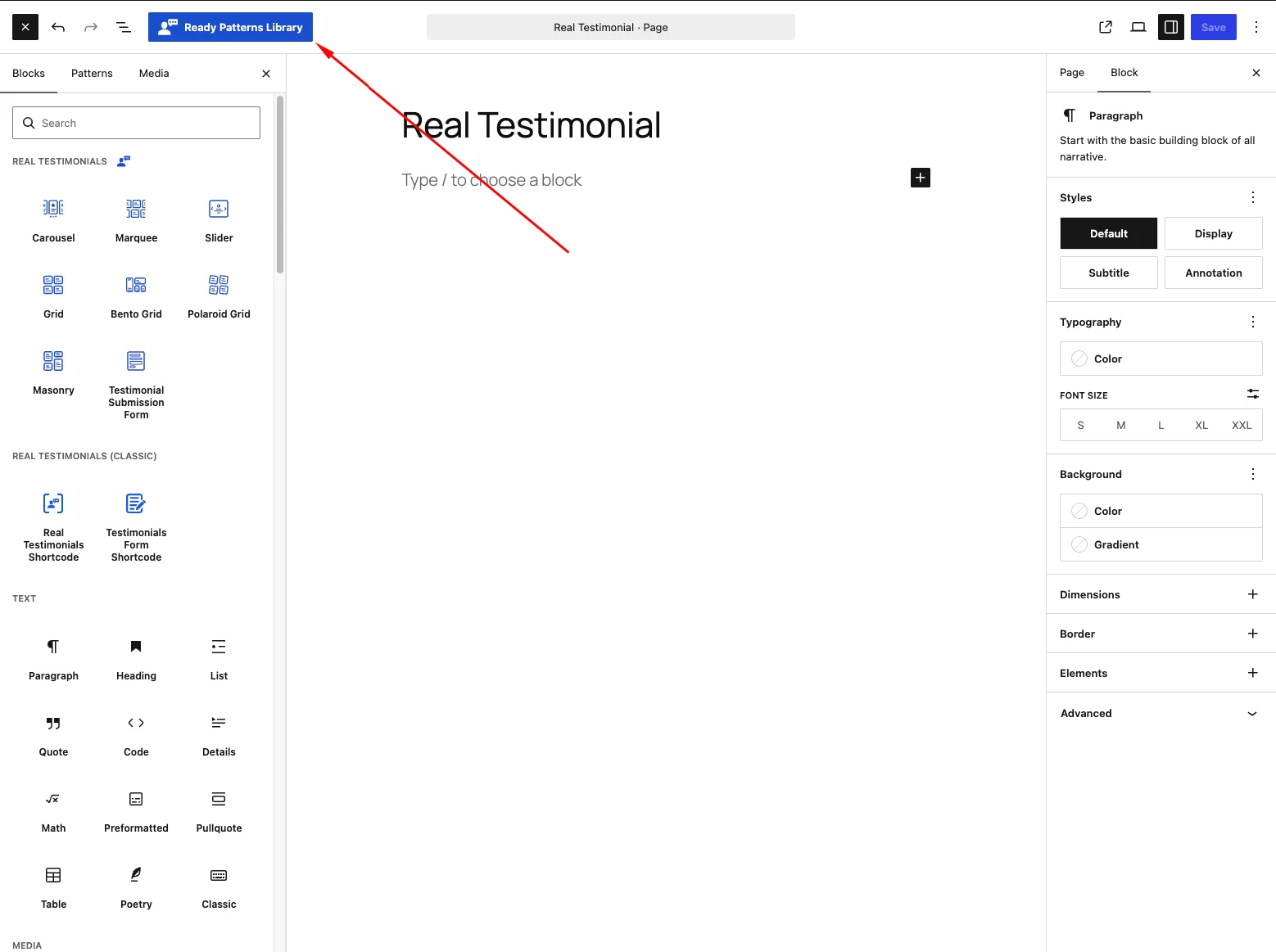 Ready Patterns Library button in the editor toolbar
