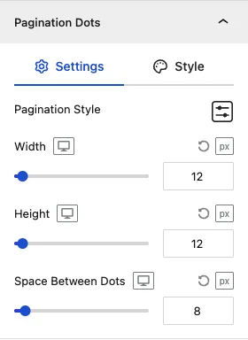 Pagination Dots panel — Settings tab