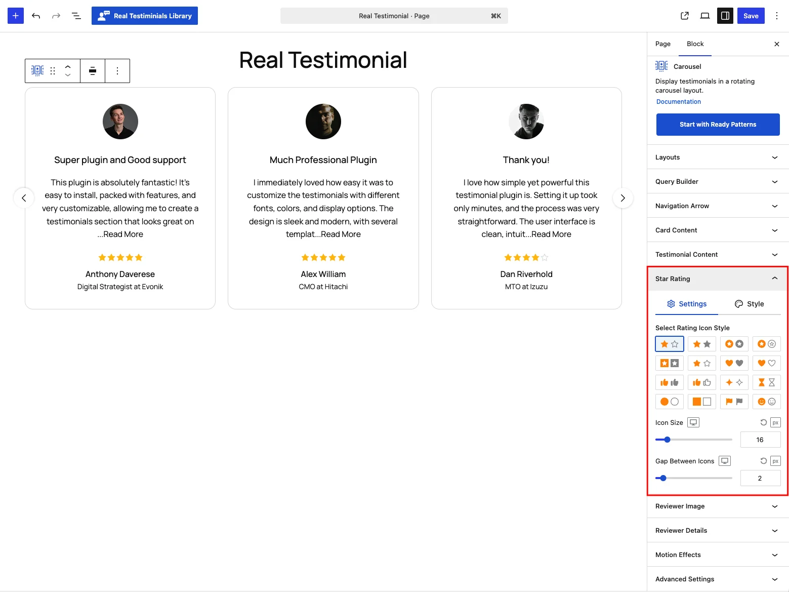 Star Rating panel — Settings tab