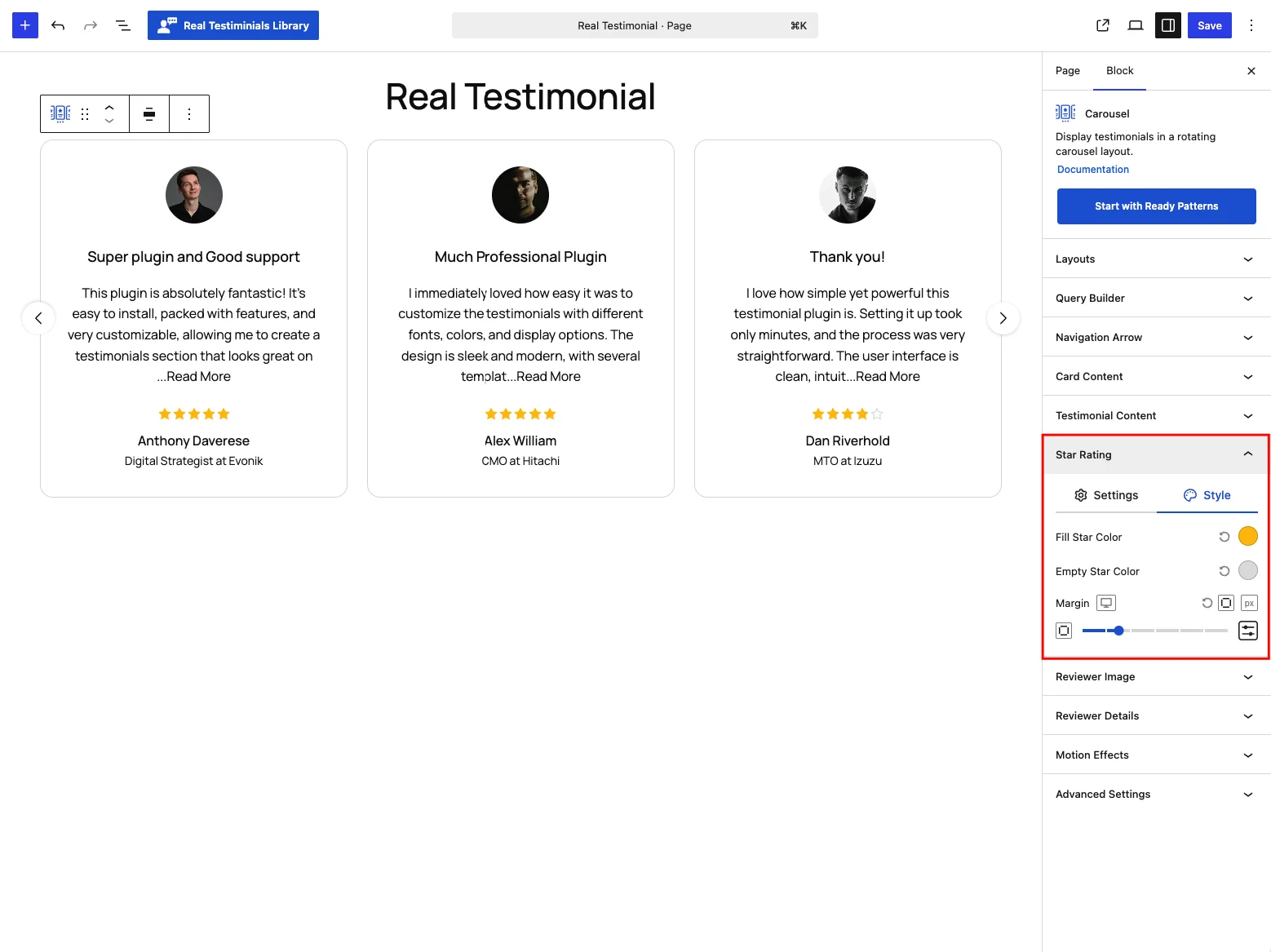 Star Rating panel — Style tab