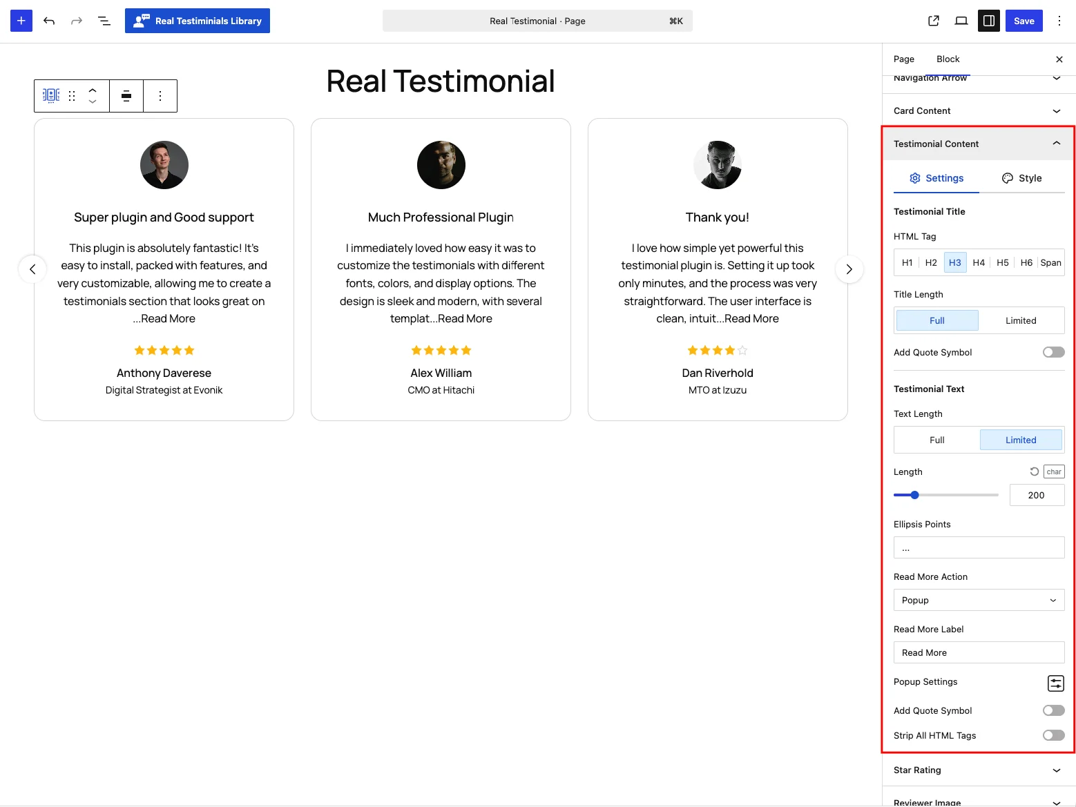 Testimonial Content panel — Settings tab