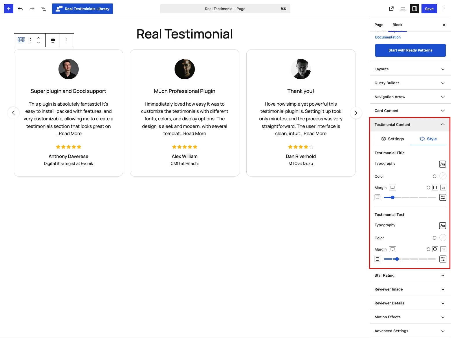 Testimonial Content panel — Style tab
