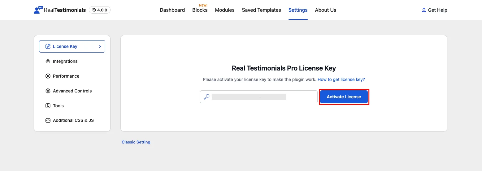 Activate the Real Testimonials Pro license key