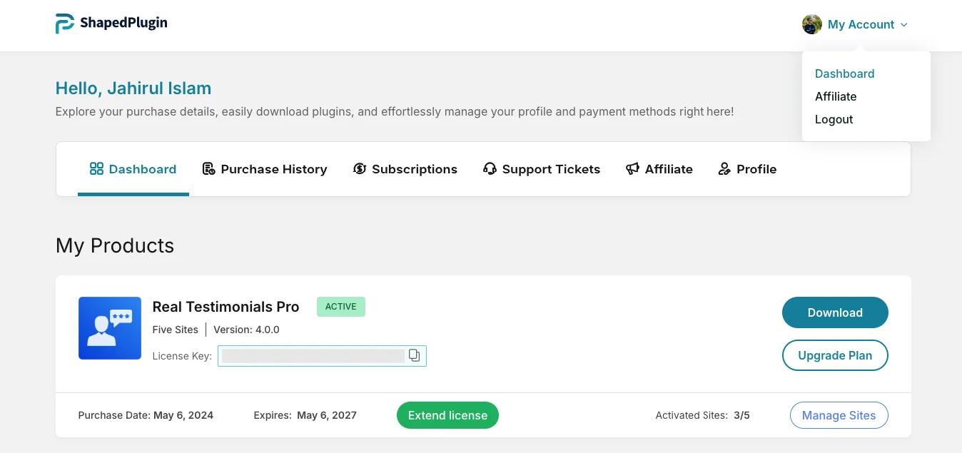How to download Real Testimonials and copy the license key